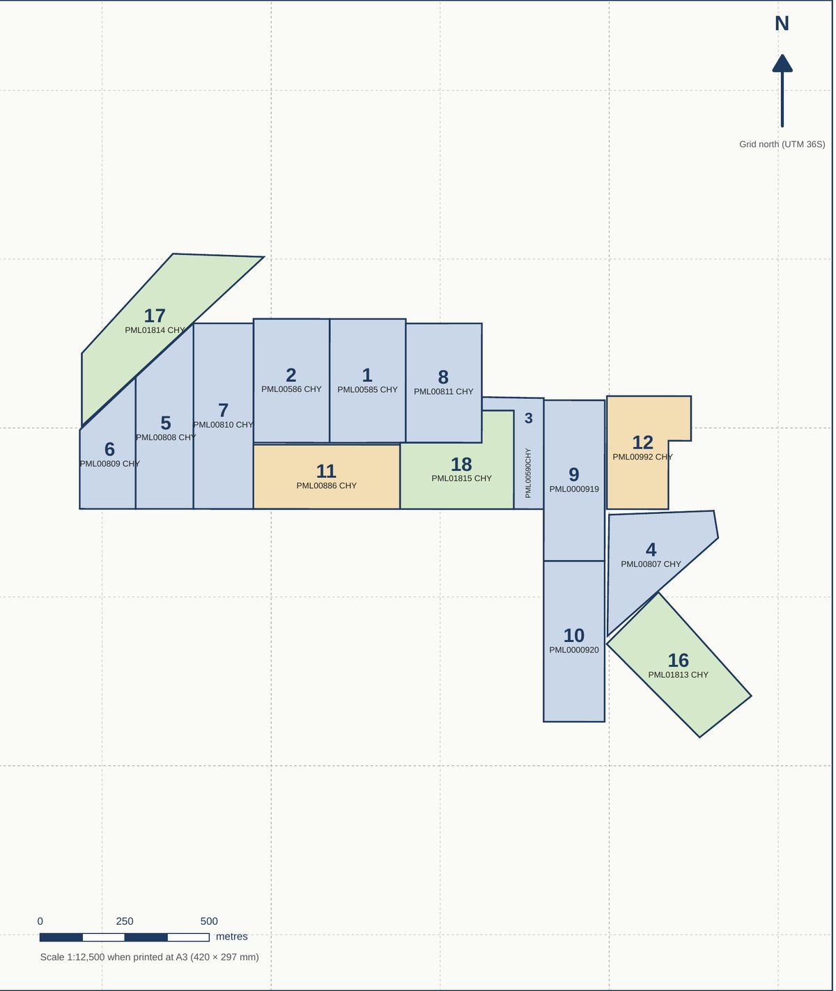 Licence map of the 15 Chunya PMLs with certificates on file